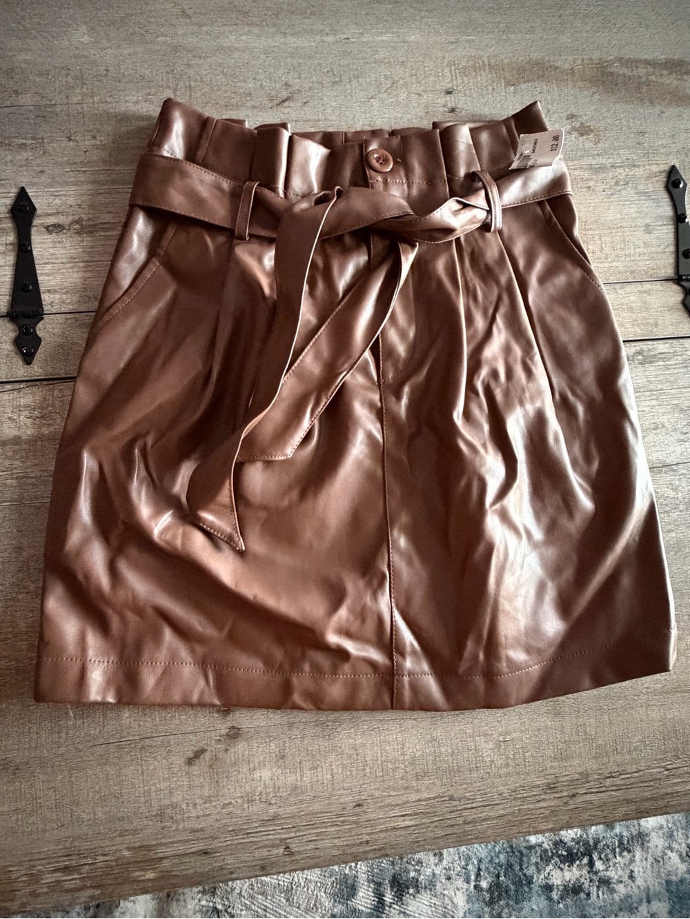 Kendall & Kylie Brown Faux Leather Paperbag Waist Mini Skirt with Tie